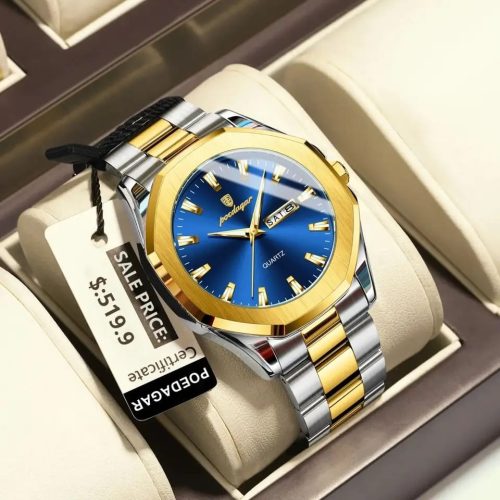 POYEDAGHAR 875 STAINLESS STEEL MEN'S WATCH Quartz Fashion Watch Men's For-Silver/Gold & Blue